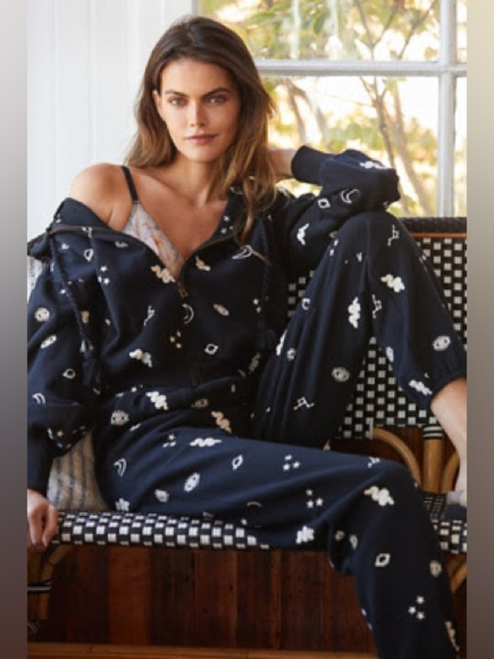 NWOT! Cleobella Norah Printed / Rayne Embroidered Zip-Up Hoodie Black Size M